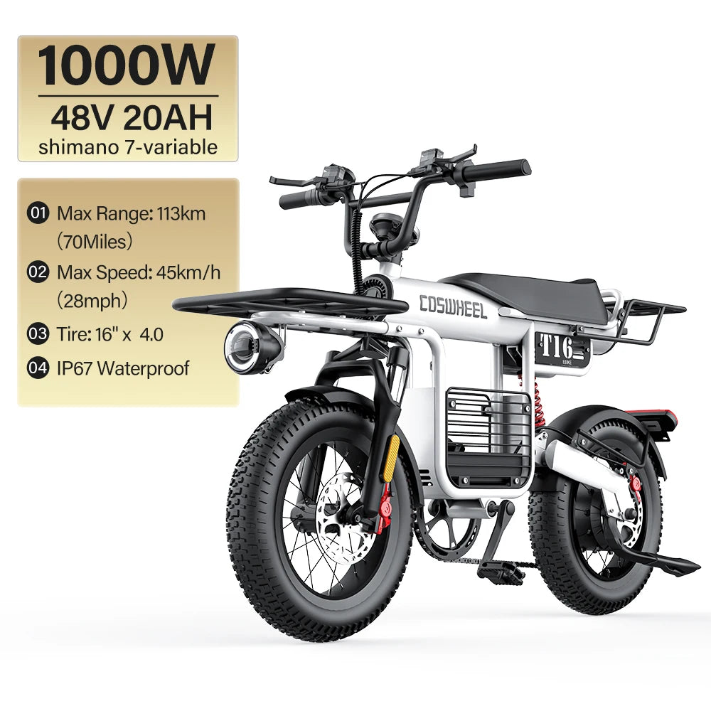 Coswheel Electric Bike T16 Adult Mountain Ebikes Road Ebike 1000W 48V 20AH Fat Tire Cycling Outdoor City Commuting Electric Bike