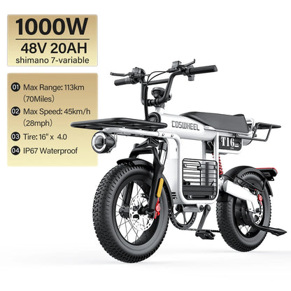 Coswheel Electric Bike T16 Adult Mountain Ebikes Road Ebike 1000W 48V 20AH Fat Tire Cycling Outdoor City Commuting Electric Bike