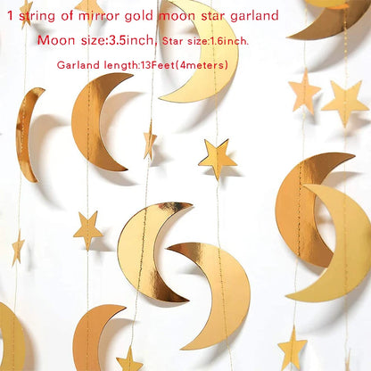 Gold Star Moon Circle Dot Crescent Lamp Eid Paper Garland Gold Mubarak Ramadan Streamer Backdrop Muslim Party Banner Decorations