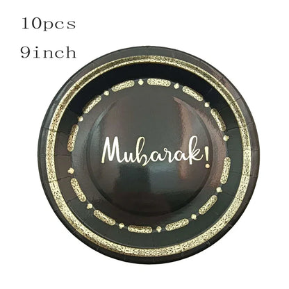 Hot Stamping Eid Mubarak Disposable Paper Plate Cup Napkin Islamic Muslim Eid Al Adha Home Party Decor Ramadan Kareem  Supplies