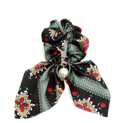 Fashion Bowknot Ponytail Holder Elastic Hair Bands for Girls Flower Printing Hair Accessories Women Hairband Ribbon Headwear
