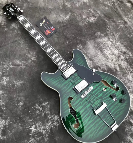 Upgrade Electro Green Guitar Flame Maple Jazz Hollow Body F Hole335 Style Electric Guitar Electricas Electro Electrique Guitare
