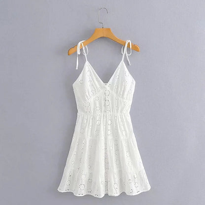 Foridol White Lace Sleeveless Summer Dress Women Hollow Out Embriodery Sundress Casual Button Beach Boho Vintage Short Dress