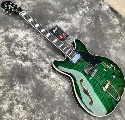 Upgrade Electro Green Guitar Flame Maple Jazz Hollow Body F Hole335 Style Electric Guitar Electricas Electro Electrique Guitare