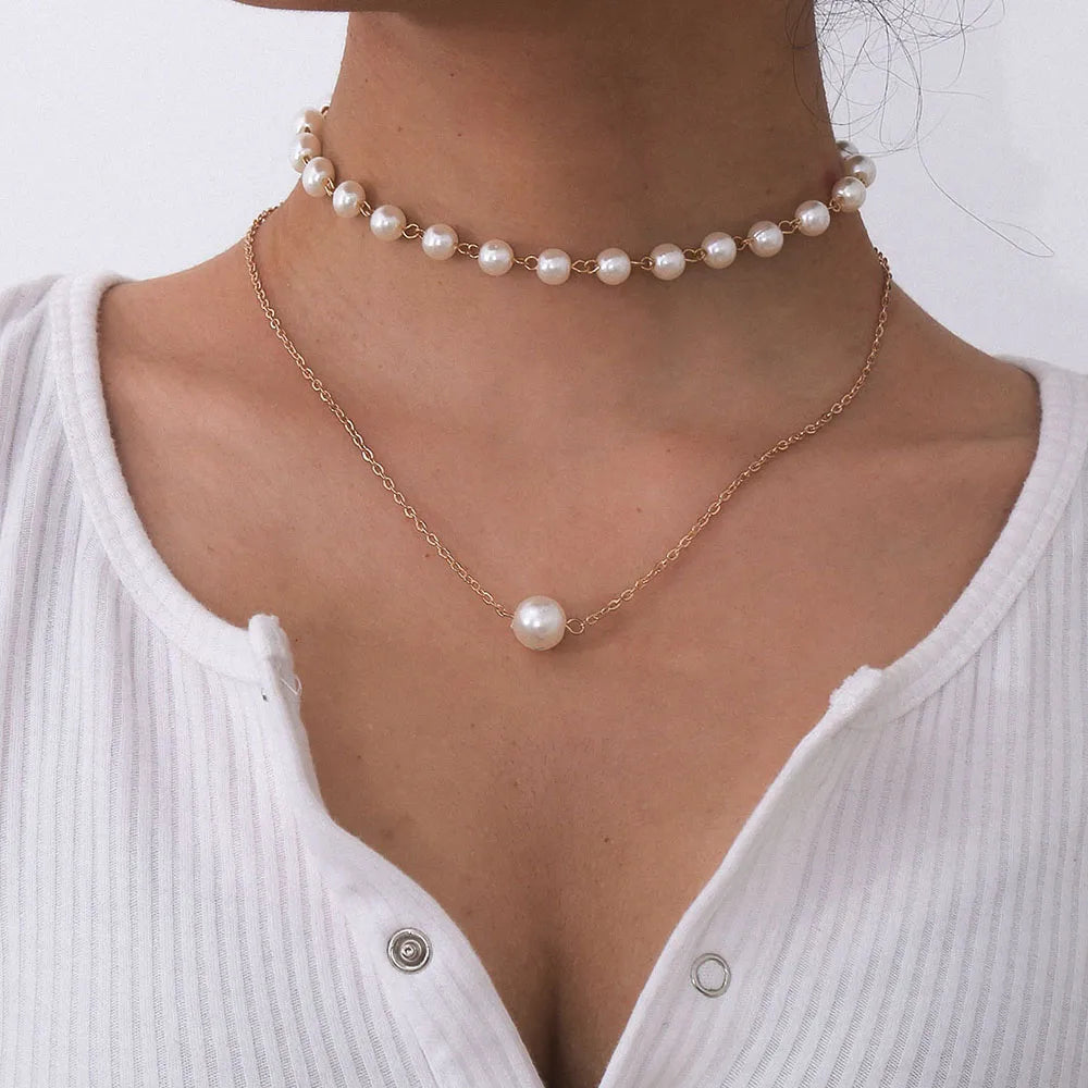 IngeSight.Z Punk Multi Layered Imitation Pearl Choker Necklace Collar Statement Boho Handmade Pendant Necklace for Women Jewelry