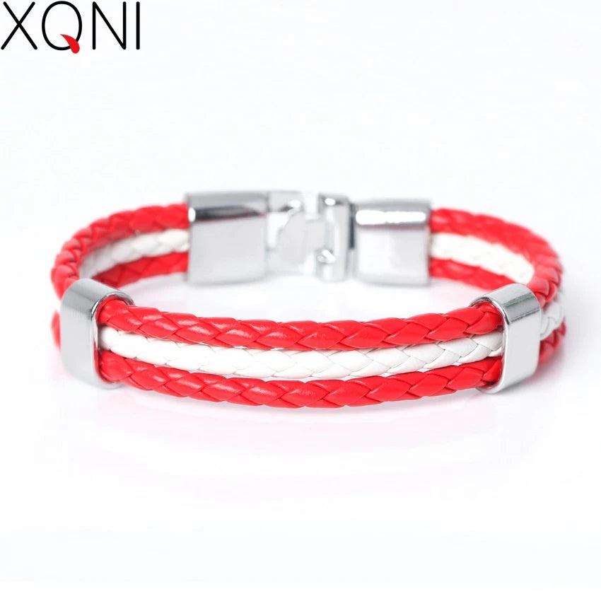 XQNI Fashion National Spain Flag ID Leather Bracelet Trendy Braided Surfer Bandage Charm Sporty Bracelets for Men Women Bangles