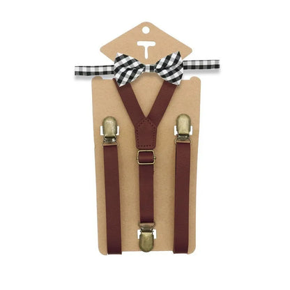 3 Clips Y Back Kid Brown Tan Leather Suspender and Bow Tie Ring Bearer Bowtie Set Birthday Outfit 80*1.5cm Adjustable