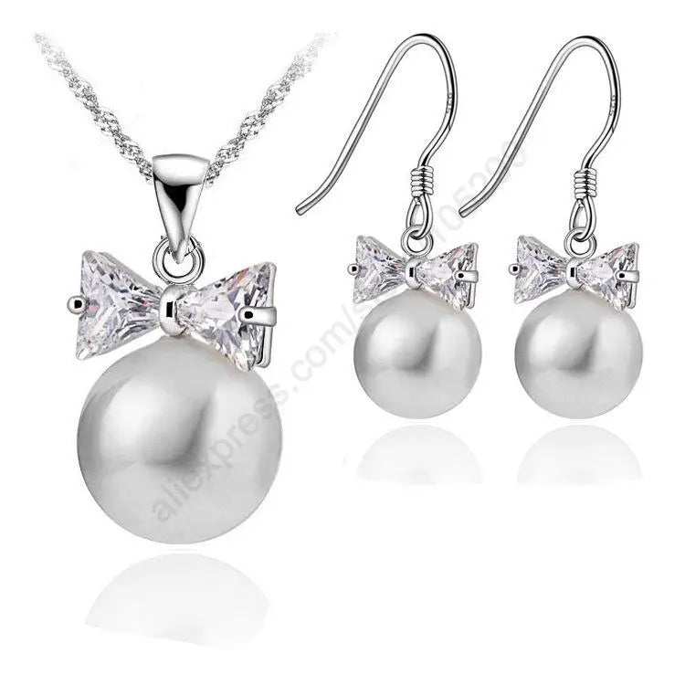 Delicate Pearl 925 Sterling Silver  Jewelry Sets Drop Earrings Necklace Pendant Jewelry Women Wedding Appointment Party