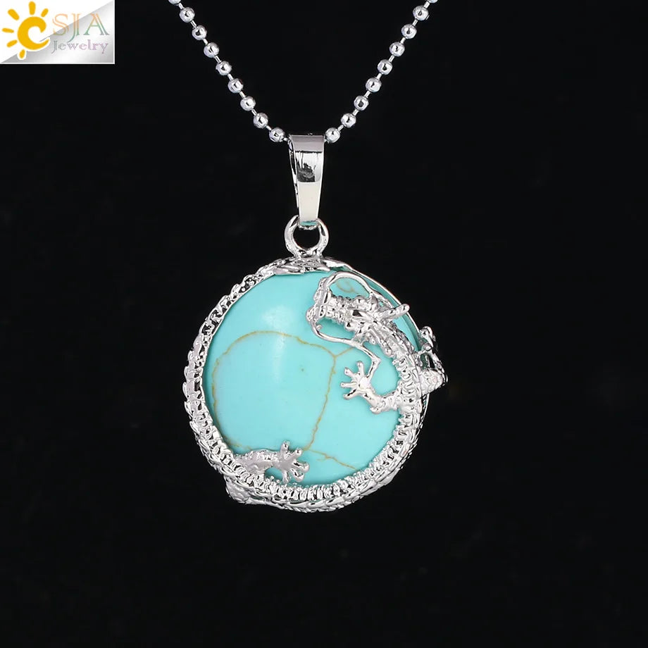 CSJA Necklaces Dragon Pendants Women Natural Stone Purple Crystal Pink Quartz Tiger Eye Lava Rock Flat Round Beads Fittings F304