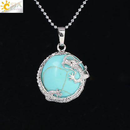CSJA Necklaces Dragon Pendants Women Natural Stone Purple Crystal Pink Quartz Tiger Eye Lava Rock Flat Round Beads Fittings F304