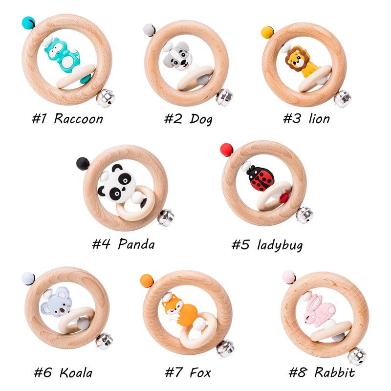 Baby Toys 1pc Silicone Beads Cartoon Rattle Teething Ring of Beech Wood 0-12 Moths Children Christmas Stroller Let's Make