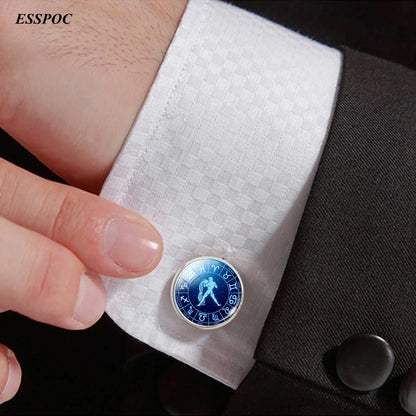 12 Zodiac Signs Glass Cabochon Cufflinks Metal Constellations Cuff Link for Men Shirt Accessories Valentines Day