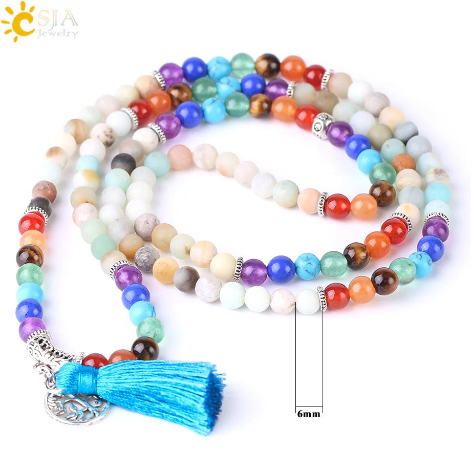CSJA Women Maxi Long Necklace Natural Mala Gem Stone Bead Tassel 7 Chakra Tiger Eye Pink Quartz Howlite Reiki Boho Necklace E590