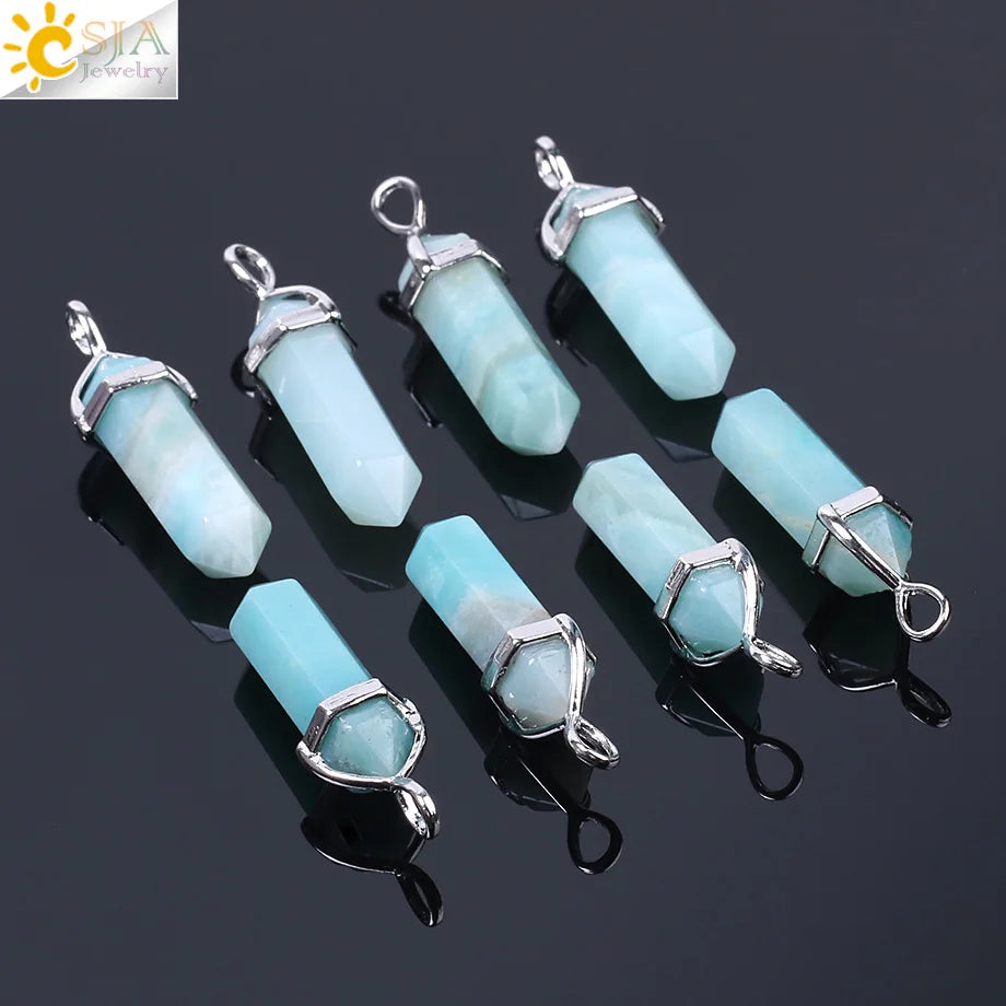 CSJA Hexagonal Column Necklaces Natural Stone Amazonite Pendant Two Sharp Angle Quartz Beads for Women Men Jewelry F185