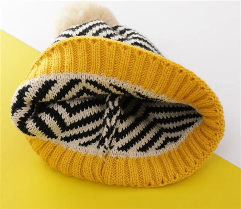 Winter Kid Warm Knit Hat and Scarf Child Patchwork Stripe Hat 2 Piece Set Boy Girls Ear Protection Cap With Pom Pom Scarves