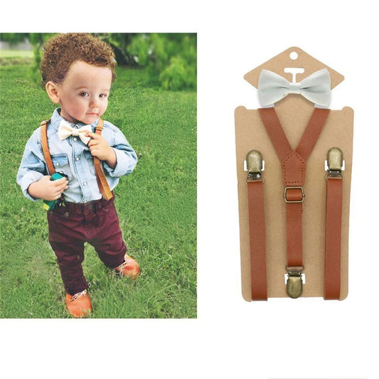 3 Clips Y Back Kid Brown Tan Leather Suspender and Bow Tie Ring Bearer Bowtie Set Birthday Outfit 80*1.5cm Adjustable