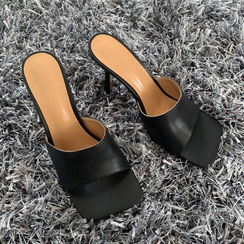2023 New Summer Women Sandals Square Toe Ladies Heel MulesThin High Heels Sandals Slippers Female Fashion Woman Shoes