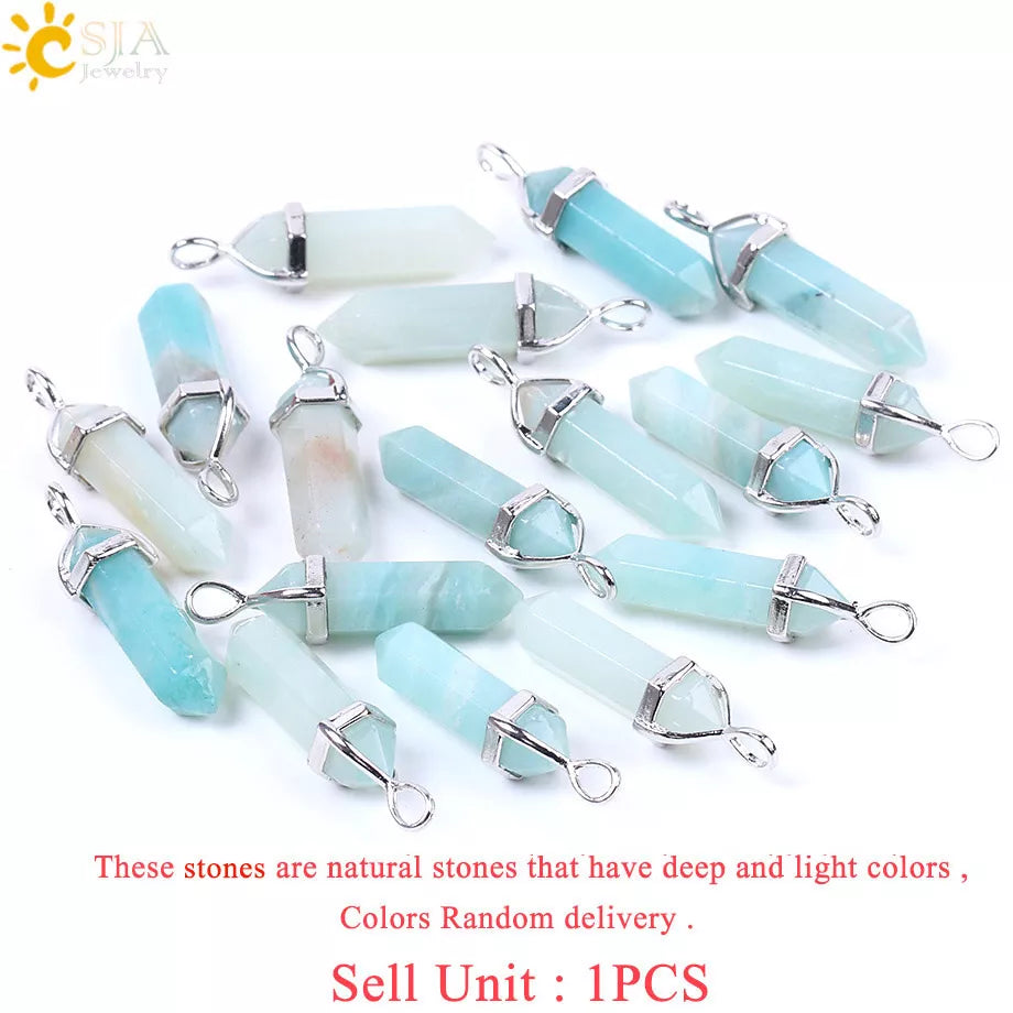 CSJA Hexagonal Column Necklaces Natural Stone Amazonite Pendant Two Sharp Angle Quartz Beads for Women Men Jewelry F185