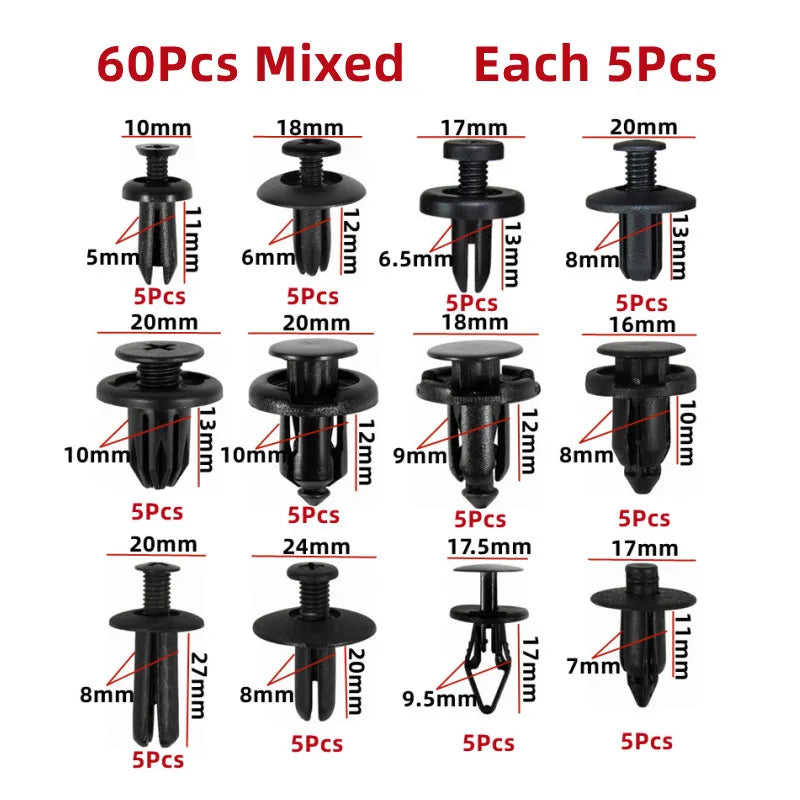 60Pcs 5mm 6mm 7mm 8mm 9mm 10mm Hole Car Bumper Rivet Fastener Auto Fender Trim Panel Screw Clips for Honda Nissan Toyota Hyundai