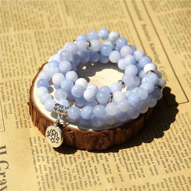108 Mala Aquamarines With Lotus OM Buddha Charm Yoga Bracelet or Necklace for Me Women Blue Natural Stone Jewelry