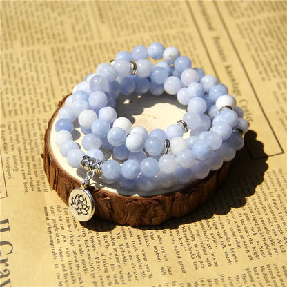 108 Mala Aquamarines With Lotus OM Buddha Charm Yoga Bracelet or Necklace for Me Women Blue Natural Stone Jewelry