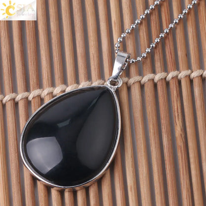 CSJA Natural Stone Pendants  Tiger Eye Pink Quartz Purple Crystal Lapis Necklace Water Drop Flat Bead Women Healing Jewelry F982