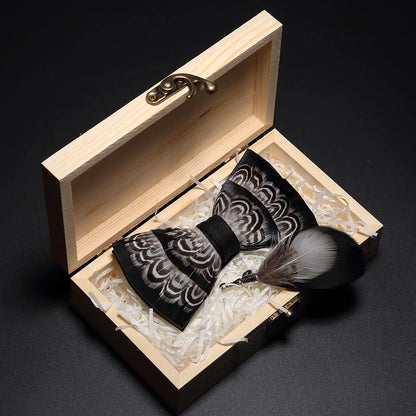 KAMBERFT Design Handmade Feather Bow Tie Brooch Wooden Box Set High Quality Men's Bowtie Leather Tie for Wedding Party Banquet