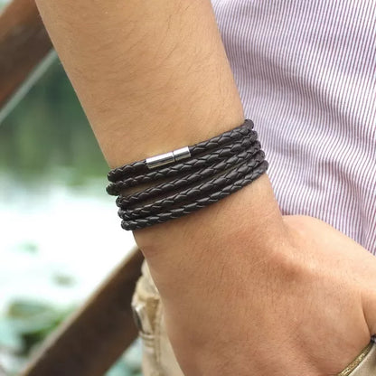 XQNI Brand Black Retro Wrap Long Leather Bracelet Men Bangles Fashion Sproty Chain Link Male Charm Bracelet With 5 Laps