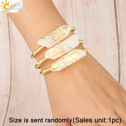 CSJA Natural Stone Clear Quartz Bangles Open Cuff Bracelet Wire Wrap Irregular Crystal Stones Copper Bangle Female Jewelry G168