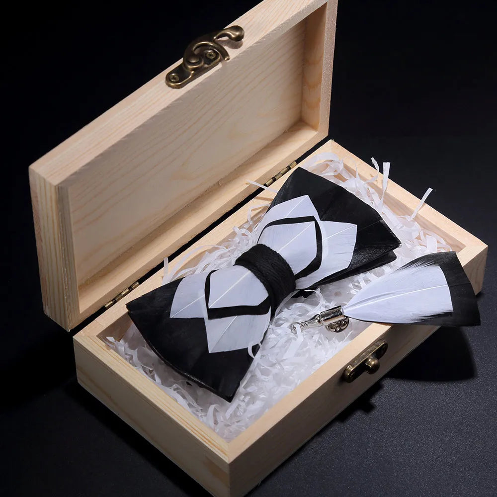 KAMBERFT Design Handmade Feather Bow Tie Brooch Wooden Box Set High Quality Men's Bowtie Leather Tie for Wedding Party Banquet