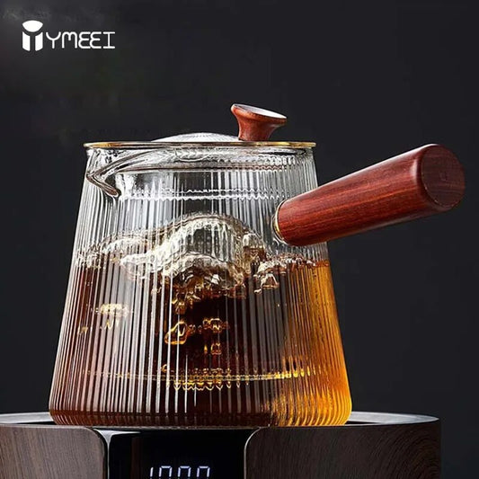 YMEEI Glass Teapot With Removable Clear Infuser Sandal Wood Handle Stove & Micro