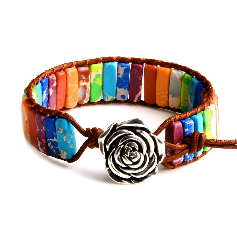 7 MultiColor Chakra Natural Stone Bracelet Bohemia Handmade Tube Beads Leather Wrap Bracelet Yoga Bracelets for Woman