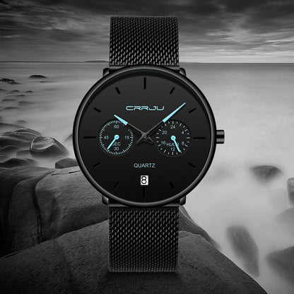 Mens Watches CRRJU Full Steel Casual Waterproof Watch for Man Sport Quartz Watch Men's Dress Calendar Watch Relogio Masculino