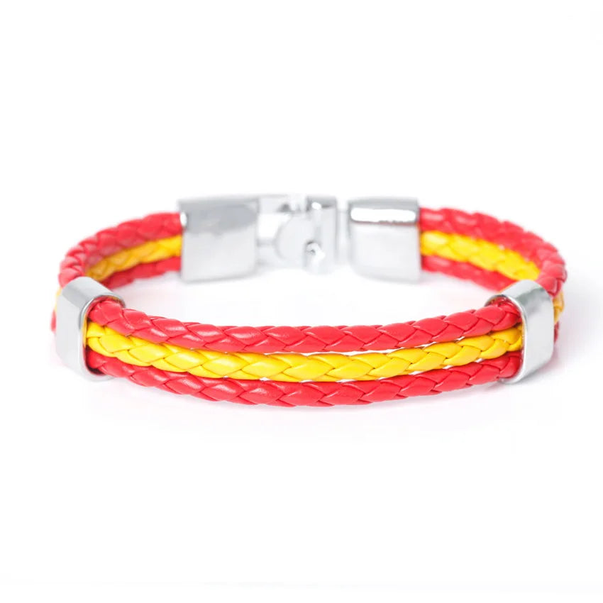 XQNI Fashion National Spain Flag ID Leather Bracelet Trendy Braided Surfer Bandage Charm Sporty Bracelets for Men Women Bangles