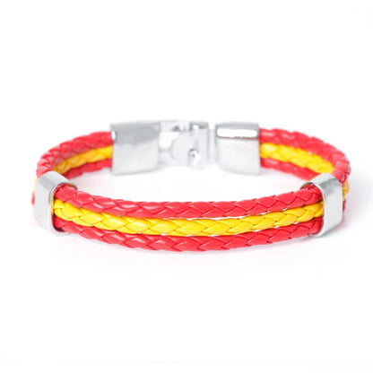 XQNI Fashion National Spain Flag ID Leather Bracelet Trendy Braided Surfer Bandage Charm Sporty Bracelets for Men Women Bangles