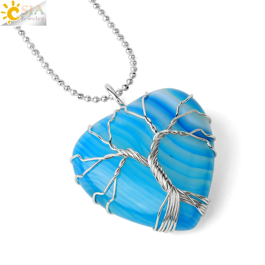 CSJA Tree of Life Wire Wrapped Love Heart Necklace & Pendant Suspension Natural Gem Stone Tiger Eye Pink Quartz Black Onyx F053