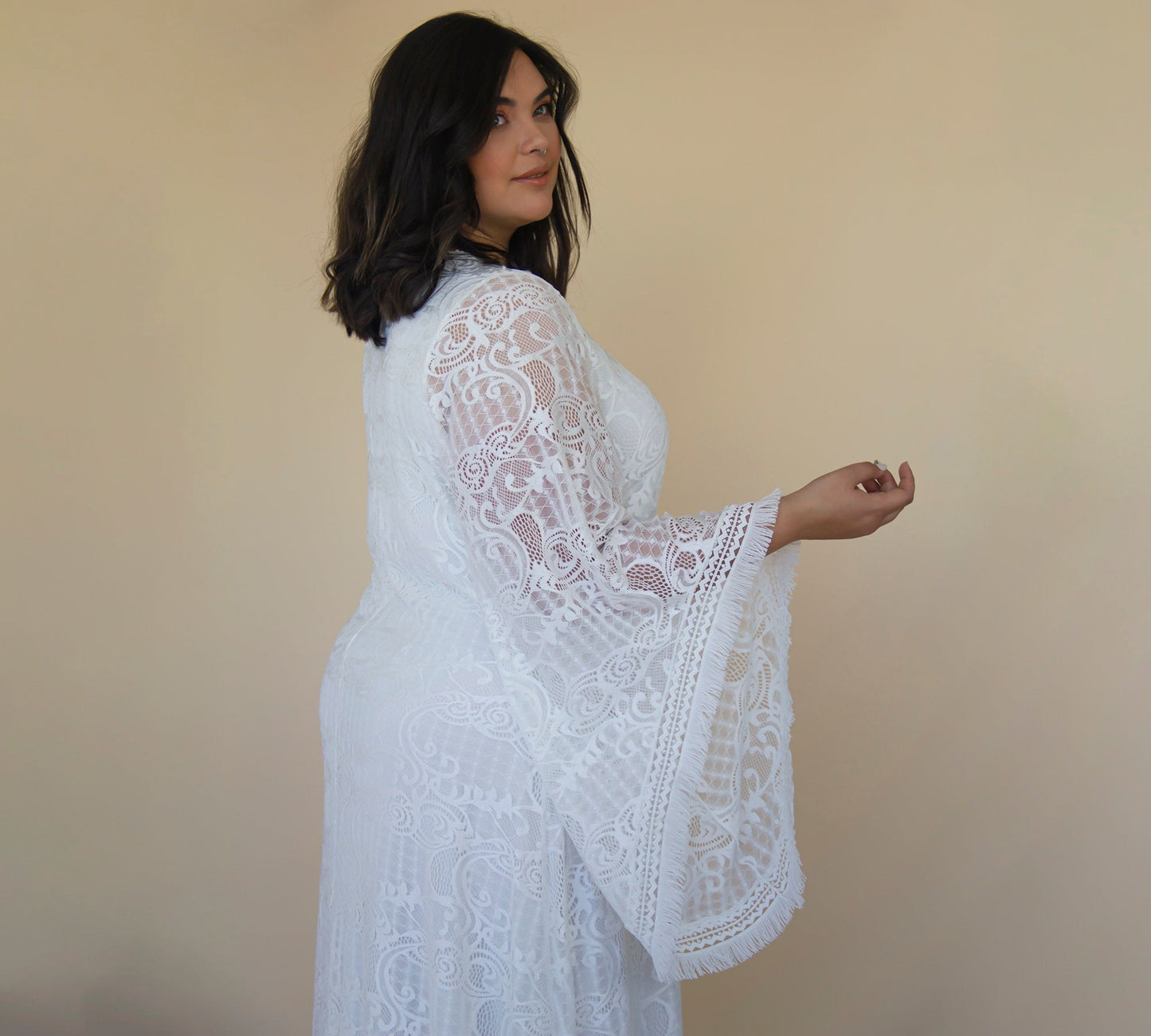 Curvy  Lace Ivory Bridal Kaftan With Fringe ,Bat Sleeves Lace Wedding Dress #1328