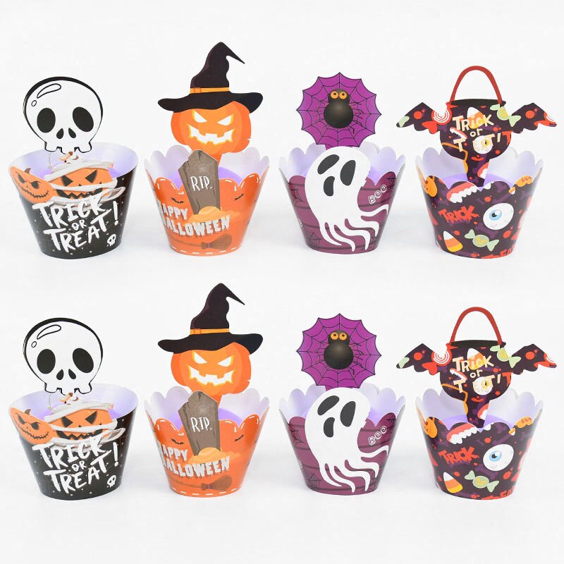 24/32 Pieces Halloween Cupcake Wrappers Pumpkin Spiderweb Bat Toppers Cupcake Kit for Halloween Party Cake Decoration Baking Cup