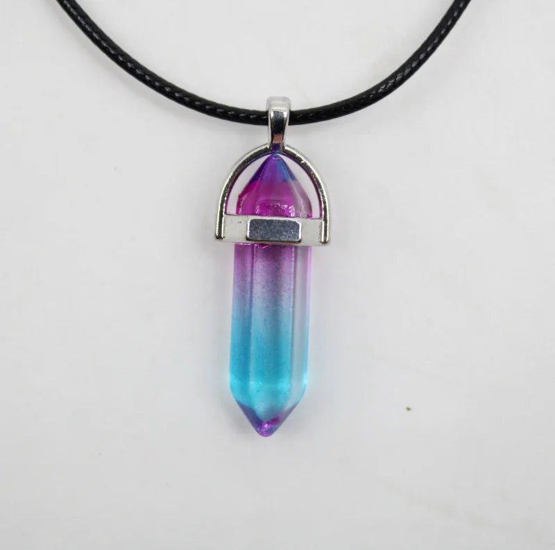 1PCS Natural Stone Quartz Crystal Opal Agates Hexagonal Column Pendulum Pendant Leather Chains Necklace Fashion Charms Pendant