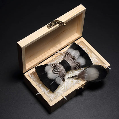 KAMBERFT Design Handmade Feather Bow Tie Brooch Wooden Box Set High Quality Men's Bowtie Leather Tie for Wedding Party Banquet