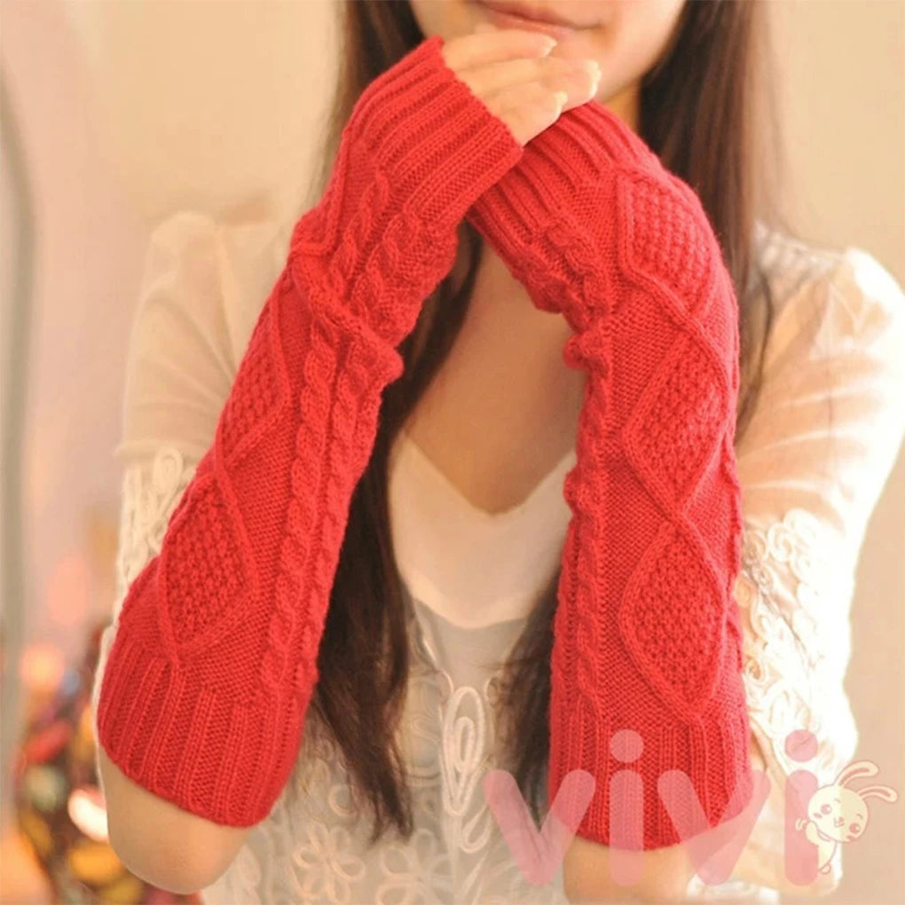 1 Pair Autumn Winter Women Knit Gloves Arm Wrist Sleeve Hand Warmer Girls Rhombus Long Half Winter Mittens Fingerless Gloves