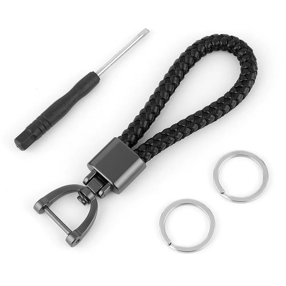 High-Grade Keychain for Men Women Rotatable Key Chain Luxury Hand Woven Leather Horseshoe Buckle Car Key Ring Holder Accessories
