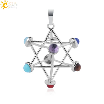 CSJA Merkaba Chakras Pendants Natural Stone Reiki 7 Chakra Necklaces Healing Hollow Star Point Women Men Necklace Pendulo F766