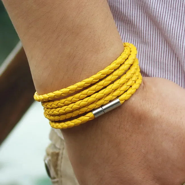 XQNI Brand Black Retro Wrap Long Leather Bracelet Men Bangles Fashion Sproty Chain Link Male Charm Bracelet With 5 Laps