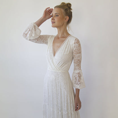 Bestseller Gipsy Layered Boho Lace Wedding Dress, Puffy Bracelet Sleeves #1365