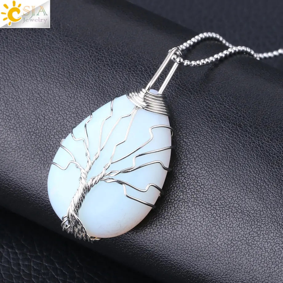 Tiger Eye Tree of Life Crystal Necklace Natural Stone Pendant Wire Wrap Rose Crystals Pink Quartz Amethyst Green Aventurine E585