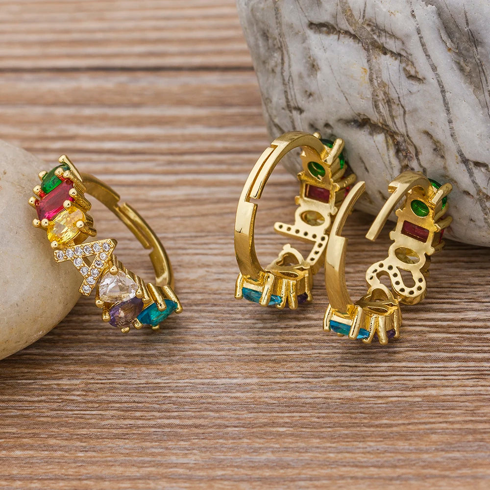Adjustable A-Z Initial Ring Bohemian Copper Zircon  Rainbow Letter Rings for Women Girls Party Wedding Jewelry