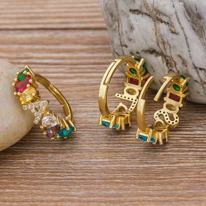 Adjustable A-Z Initial Ring Bohemian Copper Zircon  Rainbow Letter Rings for Women Girls Party Wedding Jewelry