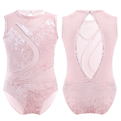 Girls Sleeveless Soft Pleuche Mesh Splice Gymnastics Leotard One-Piece Cutout