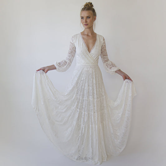 Bestseller Gipsy Layered Boho Lace Wedding Dress, Puffy Bracelet Sleeves #1365